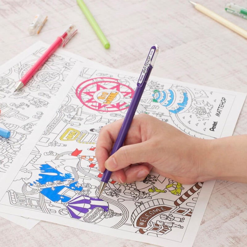 بنتل Pentel Mattehop - أقلام الجل السائل ذات الكرة الدوارة - K110-1.0mm Nib - 1 من كل لون - عبوة من 8 قطع - في عبوة وسادة - Image 2